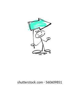 hand drawing sketch human smile stick figure with arrow, unique simple icon doodle cute miniature, vector illustration