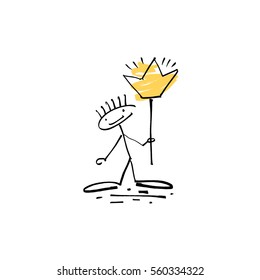 hand drawing sketch human stick figure with shiny crown, unique simple icon doodle cute miniature, vector illustration