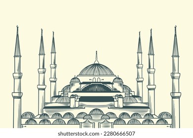 Hand drawing sketch islamic building of Sultan Ahmed the blue mosque.