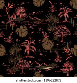  Hand drawing sketch line dark scenery or lanscape  in seamless pattern vector design for fashion fabric ,wallpaper and all prints on black background color