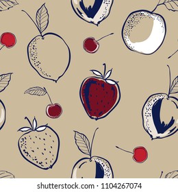 Hand drawing and sketch line summer fruits seammless pattern vector for fashion fabric and all prints on stylish brown background color.
