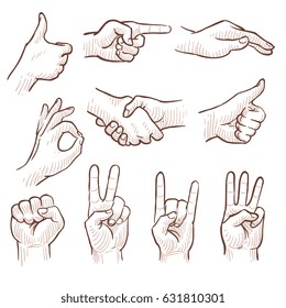 Hand drawing sketch man hands showing different gestures vector set