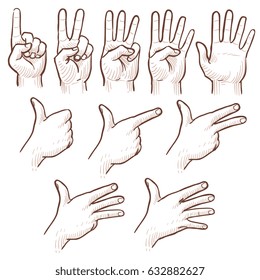 Hand drawing sketch man hands showing numbers vector doodle set