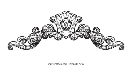 Hand drawing sketch of ornate design element. Abstract baroque style. Vector isolated engraving illustration. Vintage ornate element in old fashioned style for decoration, print and design.