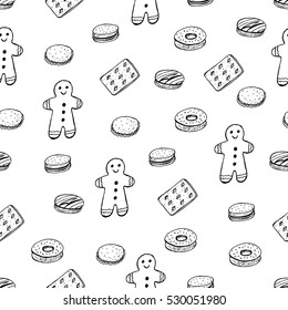 Hand Drawing Sketch Pattern with Sweet Dessert. Hand-drawn Vector Illustration. Ideal Celebration Seamless Doodles for Birthday, New-Year, Christmas, Valentine's, Party, Print, Wrapping, Wallpaper.