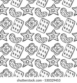 Hand Drawing Sketch Pattern with Sweet Dessert. Hand-drawn Vector Illustration. Ideal Celebration Seamless Doodles for Birthday, New-Year, Christmas, Valentine's, Party, Print, Wrapping, Wallpaper.