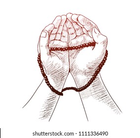 hand drawing sketch of hand praying concept line style white background. Vector illustration for ramadan poster, flyer, greeting card, banner and template