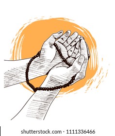 hand drawing sketch of hand praying orange background. Vector illustration for ramadan poster, flyer, greeting card, banner and template