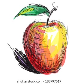hand drawing sketch red and orange apple - vector illustration