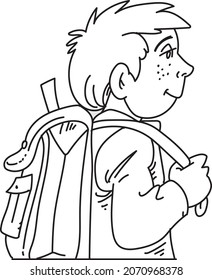 Dibujar a mano un boceto de escolares con una mochila en la espalda yendo alegremente a la escuela.