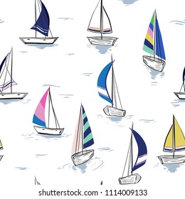 Hand drawing  sketch Seamless summer sea pattern with sailing ships on white background. Nautical pattern vector
