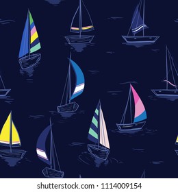 Hand drawing  sketch Seamless summer sea pattern with sailing ships on navy blue background. Nautical pattern vector