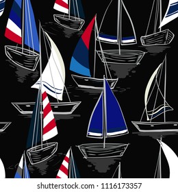 Hand drawing  sketch Seamless summer sea pattern with sailing ships on balck background. Nautical pattern vector