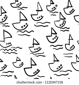 Hand drawing sketch Seamless summer sea pattern with sailing ships. Nautical pattern vector