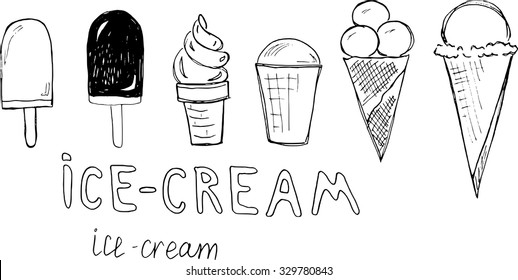 Hand drawing sketch set ice cream design elements with lettering vector