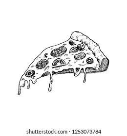 hand drawing sketch a slice of pizza black and white vector