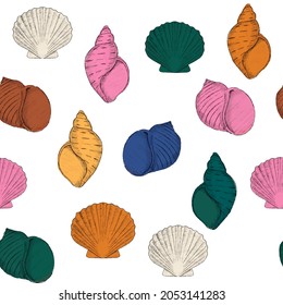 Hand Drawing Sketch Style Colorful Seashell Seamless Pattern for fabric, textile, wallpaper, print, card, banner. Ocean clip art with shell clam mollusk, scallop