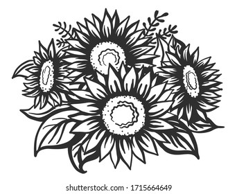 Hand drawing   sketch sunflowers  Black   white and line art illustration isolated white  Printable vector