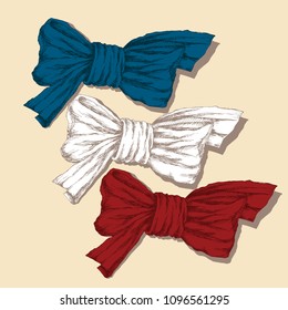 Hand drawing, sketch. Three bows with the state colors of the French tricolor on a neutral background.