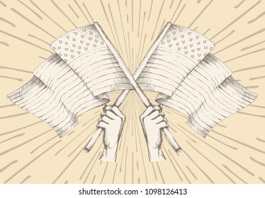 Hand drawing, sketch. Us flag in hand against the background of radial rays, on a neutral background