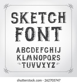 Hand drawing sketch vector alphabet, black & white handwritten font. Uppercase  type letters
