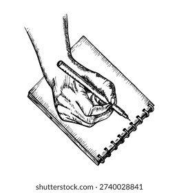 A hand drawing sketch or writing in a notebook with a pen. Hand-drawn outline illustration, vector