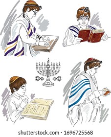 Hand drawing sketches with jewish boys.