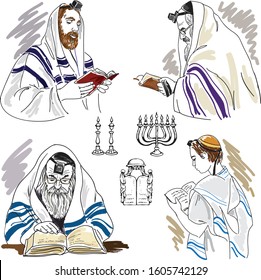 Hand drawing sketches with praying jews