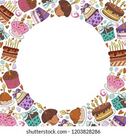 Hand drawing sketches sweets, desserts, baking. Circle made of elements on white background, the composition of food doodles, vector illustration