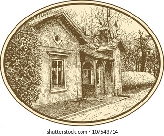 hand drawing sketchy artistic village landscape composition with old building. I am author of this illustration