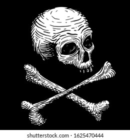 Hand drawing of a skull of a dead man, with bones, on a black background. vector illustration