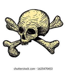 Hand drawing of a skull of a dead man, with bones, on a white background. vector illustration