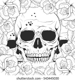 Hand drawing skull and flowers