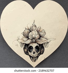 Hand drawing of a skull with flowers inside of a heart, black background. Tattoo design, day of the dead.