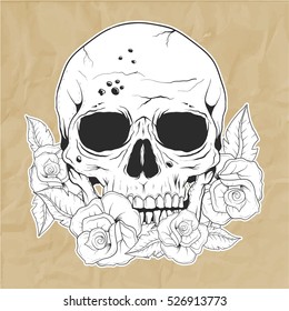Hand drawing skull and flowers with paper brown background