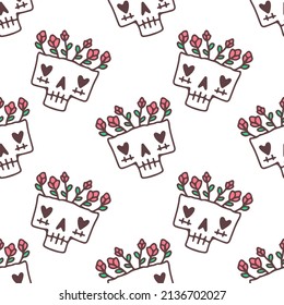 Hand drawing skull head with roses on white background seamless pattern. Modern vintage, pop art style seamless pattern concept.