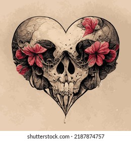 Hand drawing of a skull heart with flowers. Tattoo design.