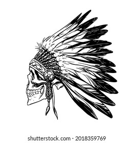 Hand drawing of a skull of an Indian tribal warrior in a traditional headdress. Vector illustration