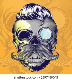 Hand drawing skull with mustache and hipster style, vector illustration