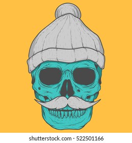 Hand drawing skull with mustache wearing beanie hat