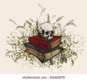 Hand drawing of a skull in the occult books, surrounded by a field of grass.