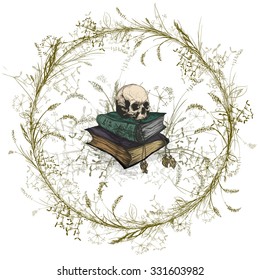 Hand drawing of a skull in the occult books, surrounded by a wreath of wild herbs.On a white background.