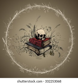 Hand drawing of a skull in the occult books, surrounded by a wreath of wild herbs.On a dingy background.