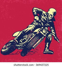 Hand drawing of skull riding a vintage motorcycle, texture is easy to remove