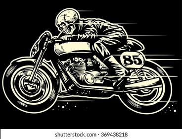 Hand drawing of skull riding vintage motorcycle