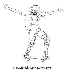 Hand Drawing Skull Skateboarding - Vector