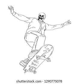 Hand Drawing Skull Skateboarding - Vector