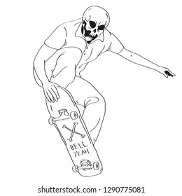 Hand Drawing Skull Skateboarding - Vector