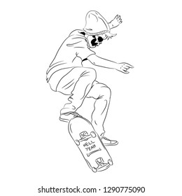 Hand Drawing Skull Skateboarding - Vector