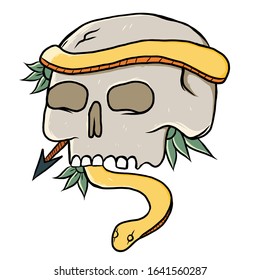 hand drawing skull with snake and arrow vector illustration.